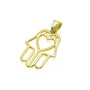 14k Gold Dainty Hamsa Heart Pendant Heart Outline Hamsa Pendant Jewish Jewelry - Imagen 1 de 7