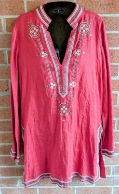 Authentic Old Navy Womens Top M Perfect Fit Linen Tunic Ethnic Embroidered Artsy - Image 1 of 4
