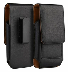 For XL ZTE Phones - Black Vertical Leather Holster Pouch w/ Belt Clip Loop Case - Picture 1 of 8
