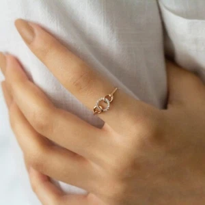 Three Circle Link Round Cut Lab Grown 0.07CT Diamond Ring 10K Yellow Gold Women - Picture 1 of 4