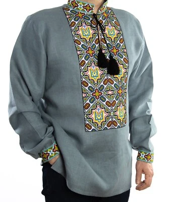 VYSHYVANKA for Men Ukrainian handmade Embroidery SHIRT Gray Linen - Image 1 of 4