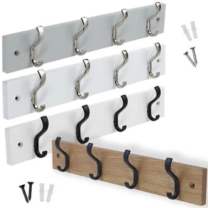 Coat Rack Wall Door Mounted, 4 Coat Hooks on 38cm Wooden Board, Clothes Hanger - Picture 1 of 18