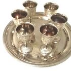 6 Vintage Small Silver Plated Goblets Etched With Grape Vines & Tray