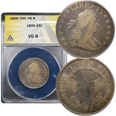 Busto drapeado cuarto 1806 25c ANACS VG8  Foto 1 de 4