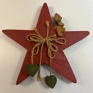 Country Wooden Christmas Star With Bear And Hearts Wall Decor 8.25 Inches Tall - Picture 1 of 6
