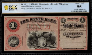 1859 $1 Obsolete - Detroit, Michigan - State Bank of Michigan - PCGS 55 comment - Picture 1 of 2