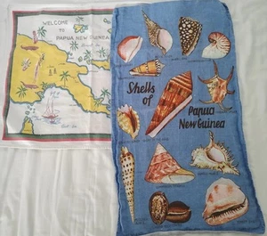 Seltene Papua-Neuguinea Muscheln & Karte zwei bunte Leinen Geschirrtücher um 1979 - Bild 1 von 8