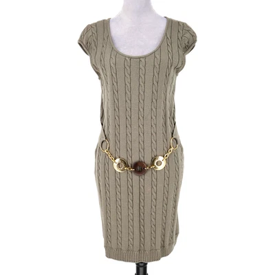 Vestido Suéter Milly Mujer Medio Verde Beige Tejido con Cable Pullover Cadena Cinturón Foto 1 de 4