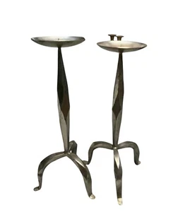 (2) Vintage 15” Silver Tone Iron Set Of Heavy Candle Holders Brutalist Modern - Picture 1 of 4