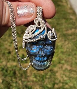 Unisex Labradorite Day Of The Dead Skull Sterling Wire Wrap Pendant Necklace