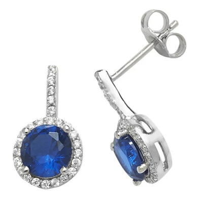 925 Sterling Simulated Sapphire & Diamond Cluster Drop  Earrings - Image 1 of 4