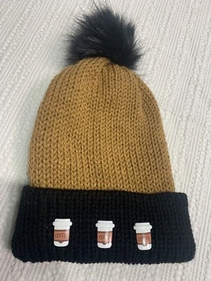 ¡Gran regalo! Gorra Café Au Lait tejida a mano Coffee Lover’s Hat negra marrón pompón gigante  Foto 1 de 4