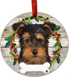 Yorkie Dog Wreath Ornament Personalizable Christmas Tree Holiday Decoration - Picture 1 of 12