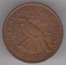 New Zealand 1d Penny 1959 Bronze Coin - Tui Bird