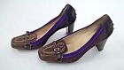 Tods Suede Leather Heel Pumps Belted Italian Driving Style Brown Purple 37.5 / 6