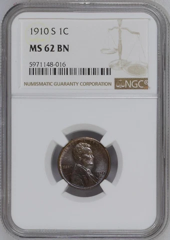 1910-S 1C LINCOLN CENT KEY DATE NEAR-CHOICE NGC MS 62 BN LOW POP HIGHEST GRADES Cover