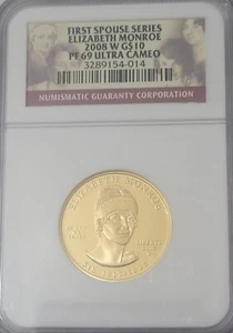 1/2 Troy Oz .9999 Fine Gold 1st Lady Elizabeth Monroe PF69 Ultra Cameo - Picture 1 of 4