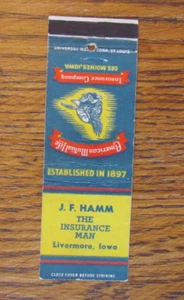 LIVERMORE, IOWA CUBIERTA DE LIBRO DE CERILLAS: J. F. HAMM AGENTE DE SEGUROS AÑOS 40 CUBIERTA DE CERILLAS -A - Imagen 1 de 2