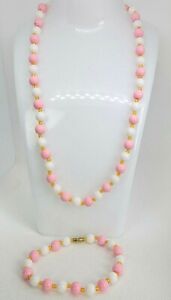 Pink White Beaded Necklace And Bracelet Jewelry Set Gold Tone Clasp Vintage