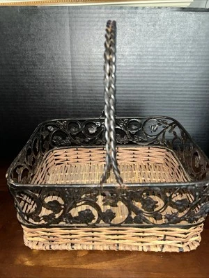Wicker Wrapped Around Wire Metal Design Basket With Handle - Image 1 of 4