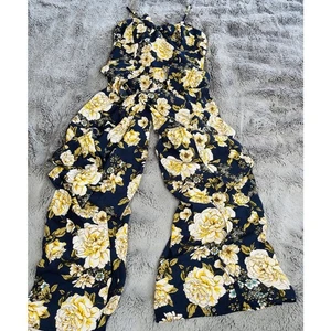 Jumpsuit Damen Xhilaration Weites Bein Neu Größe S Blau Blumen Gelb Rosen - Bild 1 von 10