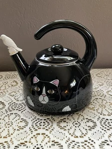 Vtg. Kamenstein Metal Tea Kettle Pot Black Cat  White Bird Whistle - Picture 1 of 20
