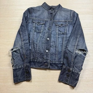 Vintage Y2K Gap Moto Jean Jacket Denim Biker M Band Collar Cafe Racer Distressed - Picture 1 of 10