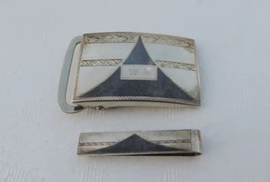 Vintage Sterling Silver 950 Enamel Japanese Belt Buckle & Tie Clip Bar Set Rare - Picture 1 of 11