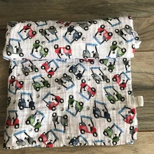 MUD PIE Golf Print Baby Muslin Swaddle Blanket Lovey Golf Carts 47x47 EXCELLENT - Picture 1 of 6