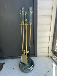 1980s Green Marble and Brass Fireplace Tool Set with Stand - 4 Pieces - Picture 1 of 7