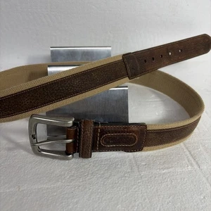 Columbia Sportswear Belt Men Brown Leather Tan Cotton Canvas Silver Buckle 36” - Picture 1 of 3