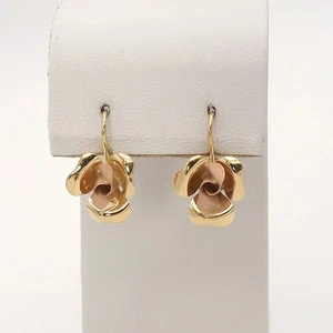 Solid 18k Gold Flower Rose Leverback Italian Earrings Italy 750 Two Tone New - Picture 1 of 6