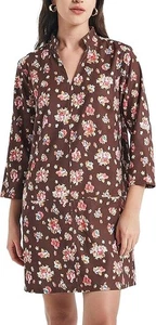 Women's Brown with Flower Print Mini Dress Casual V Neck A Line 3/4 Sleeve LG - Picture 1 of 4