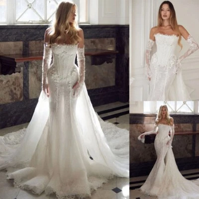 Boho Off the Shoulder Mermaid Wedding Dresses with Court Train Bridal Gowns - Image 1 of 4