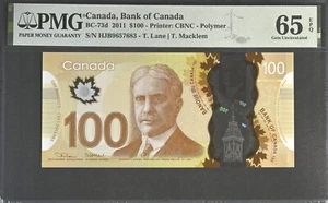 CANADA 2011 100 Dollars  BC 73 d, UNC PMG 65 EPQ - Picture 1 of 2