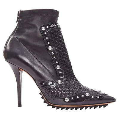 $1200 GIVENCHY Iron basketweave leather silver studs pointy booties 38.5 (PC5) - Image 1 of 4