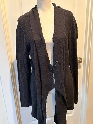 EILEEN FISHER  Organic Cotton Black Open Long Cardigan Sweater Deco Pin Size L - Image 1 of 4