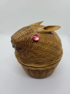 Vintage Paul Marshall Woven Wicker Bunny Rabbit Basket with Bamboo Ears Red Eyes - Picture 1 of 12