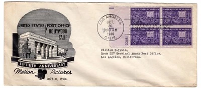 #926 Motion Pictures 50th Anniversary 1944 FDC - Mellone #57 Plate Block/4 - Image 1 of 2