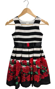 Bonnie Jean Girl's Black And White Striped Rose Floral Holiday Dress Size 8 - Picture 1 of 10