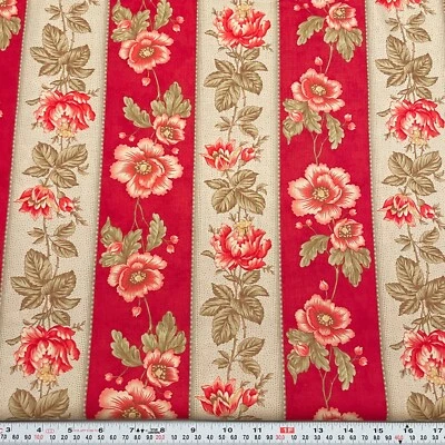 Grace by 3 Sisters for Moda Striped Florals Red Beige Cotton by the HALF YARD - Image 1 of 2