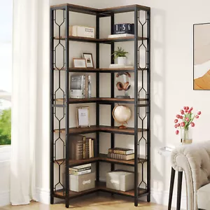 7-Tier Rustic Brown Corner Bookcase Etagere Bookshelf Tall Storage Shelves Rack - Picture 1 of 20