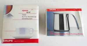 New Open Box Krups S/S Frother Pitcher 12 Oz & 2 Sets White Espresso Cups Saucer - Picture 1 of 6