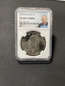1973 S SILVER EISENHOWER DOLLAR $1 NGC PF 69 *STAR* + CAMEO "TOP POP” !!! - Picture 1 of 2