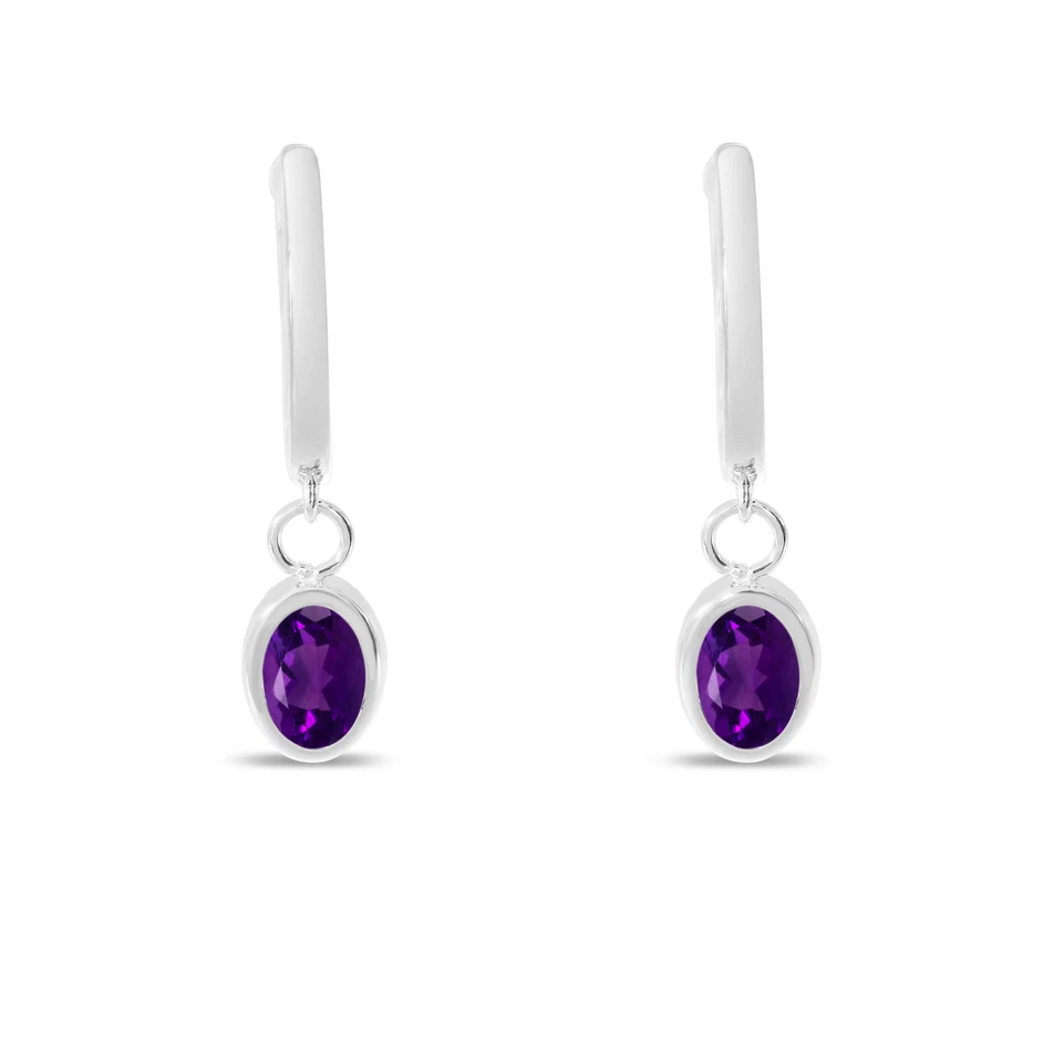 14K White Gold Oval Amethyst Dangle Birthstone Huggie Earrings - Image 1 of 1