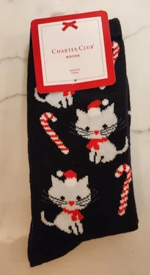 Calcetines Charter Club Navidad Gatito Gato Bastón de Caramelo Foto 1 de 3