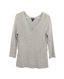 Eileen Fisher Sweater Women's LARGE Linen Blend V-Neck Oatmeal Beige Cream Boho - Picture 1 of 14