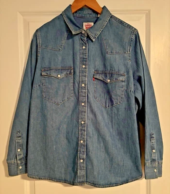 Camisa jeans feminina Levi pérola botão de pressão manga comprida caubói ocidental 1X - Imagem 1 de 4