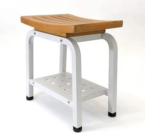 Bali Shower Bench Teak & Aluminum Bath Stool Chair Side Table Light Grey - Picture 1 of 5