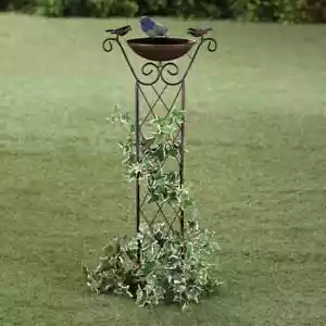 3-Foot Tall Dual-Purpose Bronze Finish Metal Staked Garden Trellis and Birdbath - Picture 1 of 2
